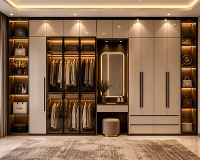 Modern Built-in Wardrobe with LED Lighting and Vanity
