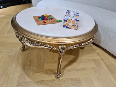 Ornate Round Coffee Table with Marble Top and Gold Finish