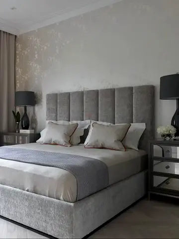 Upholstered Grey Double Bed with Padded Headboard - Good Condition