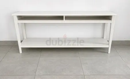 White Console Table with Lower Shelf and Two Open Compartments