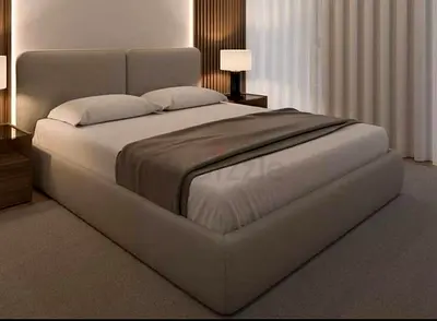 Upholstered Double Bed with Headboard - Neutral Beige
