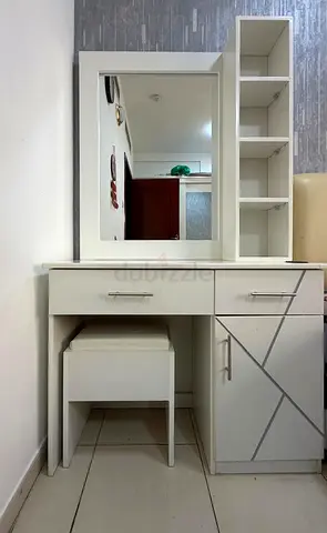 White Dressing Table with Mirror, Stool and Side Shelves