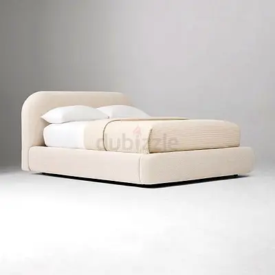 Cream upholstered platform bed with rounded headboard - Queen/Double
