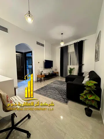 Luxury apartment, second occupancy, one bedroom and living room with an open view. Ajman Corniche. Fully furnished for monthly rent.