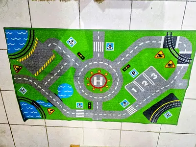 Kids Play Rug with Roads, Roundabout and Parking Spots — 120x80cm (approx)