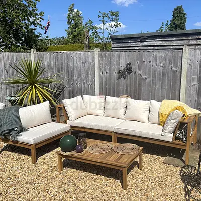 Wooden Garden Corner Sofa Set with Cream Parasol - Sand Cushions