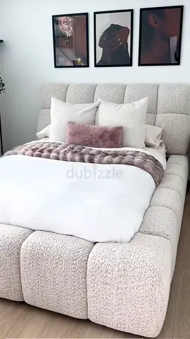 Plush boucle upholstered queen bed frame with padded headboard