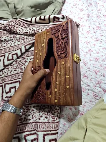 Hand-carved Wooden Decorative Tissue Box with Brass Inlay