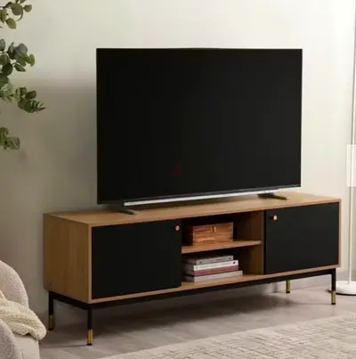 Modern Wooden TV Unit with Black Cabinets & Gold Details