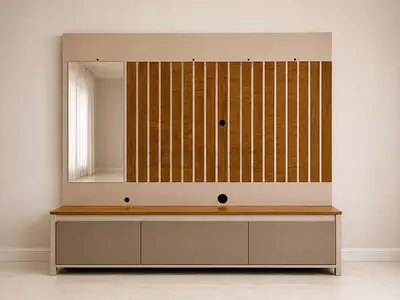 Modern TV Unit and Entertainment Center with Slat Design and Mirror