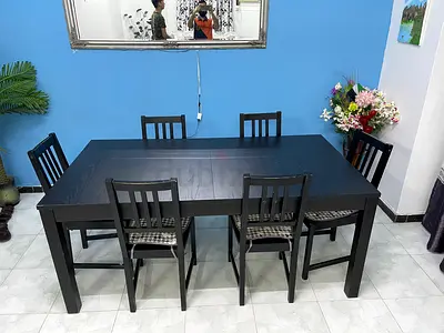 Ikea brand Solid Black Wooden Dining Table with 6 Chairs - Good Condition