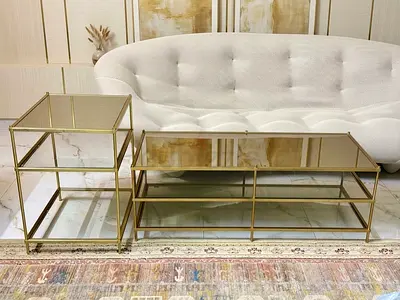 West Elm Gold Frame Glass Coffee Table and Side Table Set