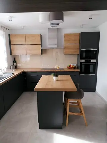 Modern grey and wood kitchen with island