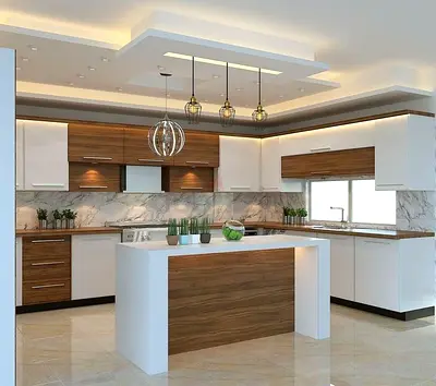 Modern L-shaped Kitchen with Central Island - White and Wood Finish