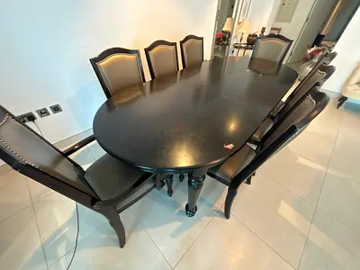 Solid wood 8-seater dining table set - dark finish, classic design