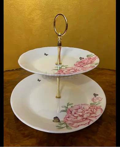 Two-tier Floral Porcelain Cake / Dessert Stand with Gold Handle