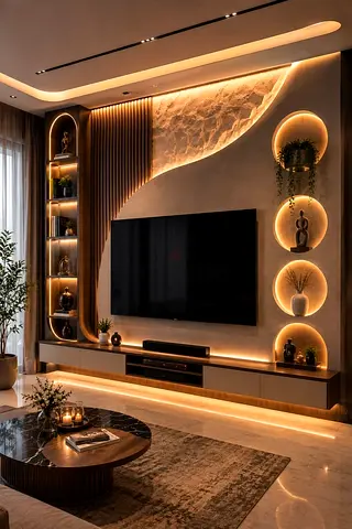 Modern built-in TV entertainment wall unit with LED lighting