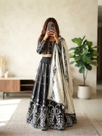 Black and White Embroidered Lehenga Choli with Dupatta - hand crafted