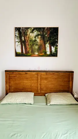 Solid Wood Double Bed Headboard - with medicated mattress and side table Rustic Bamboo Finish