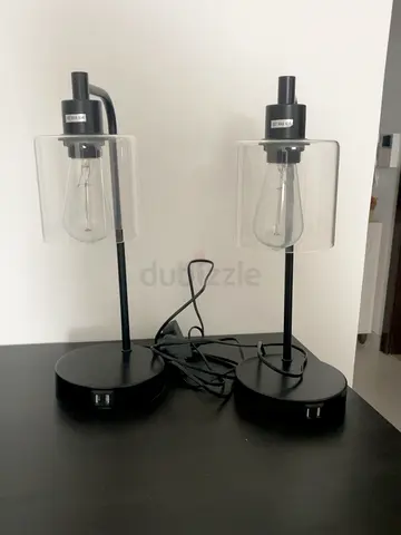 Set of 2 Modern Black & Glass Table Lamps with USB Ports