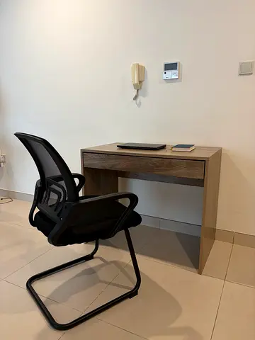 Compact wooden study desk with mesh office chair - excellent condition