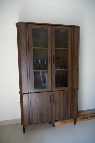 Tall Walnut Display Cabinet with Glass Doors - Good Condition