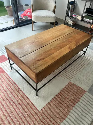 West Elm - Solid wood coffee table with black metal frame - good condition - industrial collection