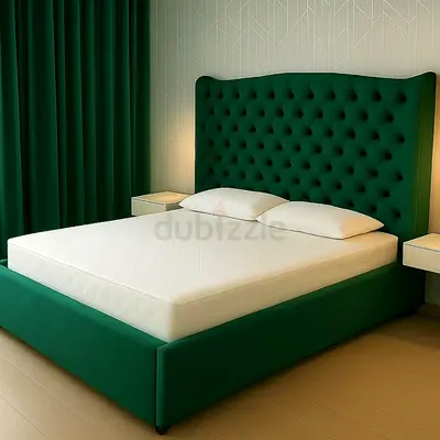 Emerald Green Upholstered Bed Frame with Tufted Headboard - Queen Size