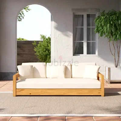 New  Wooden Frame Outdoor Sofa with Beige Cushions - 3 Seater