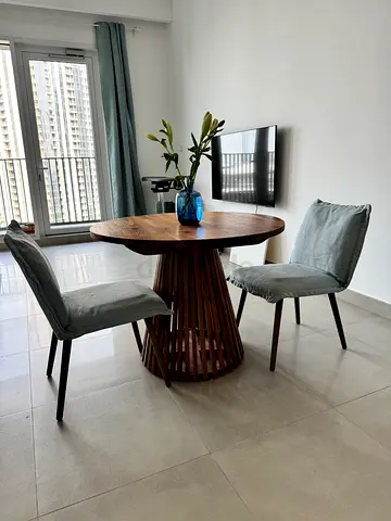 Solid Wood Round Dining Table with 2 Fabric Chairs - Excellent Condition
