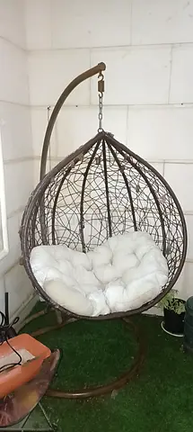 Brown Rattan Hanging Egg Chair with Stand and Cushion - Good Condition