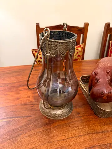 Decorative blue glass hanging lantern/vase with metal frame - H: 30 CM