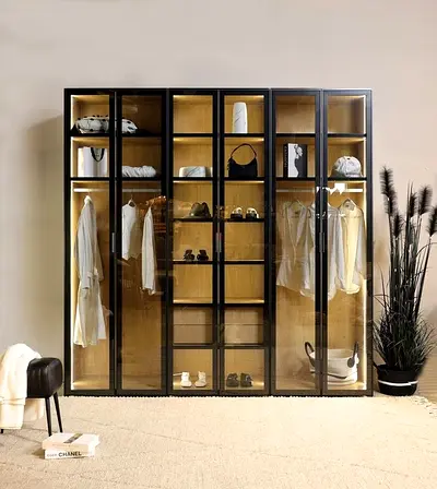 Large Modern Glass-Front Wardrobe / Display Closet - Black Frame, Oak Interior
