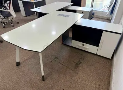 White office desk with attached storage cabinet - used