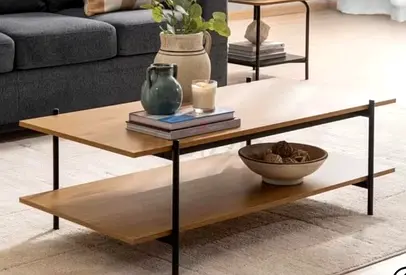 Wooden Two-Tier Coffee Table with Black Metal Frame - Light Oak Finish
