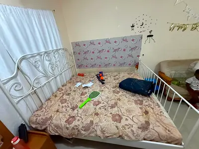 White metal double bed frame with headboard and footboard - good condition