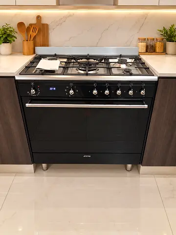 Smeg Stylish Black 5 Burners Top Gas Oven Electric Digital Cooking Range Sam Like New Condition 90cm