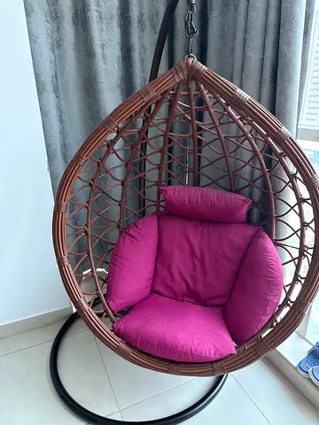 Hanging Rattan Egg Chair with Pink Cushions