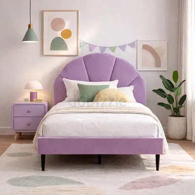 Lilac Velvet Single Bed with Shell Headboard - Brand New Direct from factory