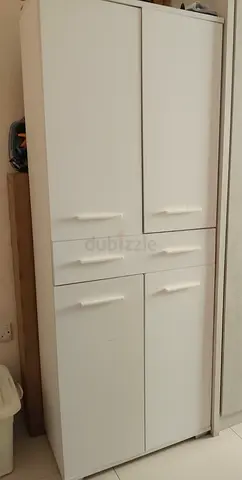 White Tall Storage Cabinet with 4 Doors and 1 Drawers