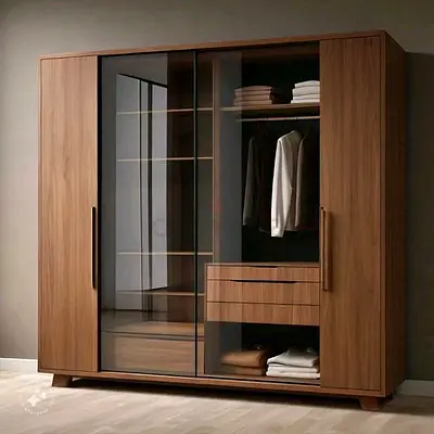 Wooden 3-Door Wardrobe with Glass Sliding Panels