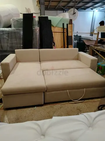 Modern Beige L-Shaped Sofa Bed with Pull-Out Section