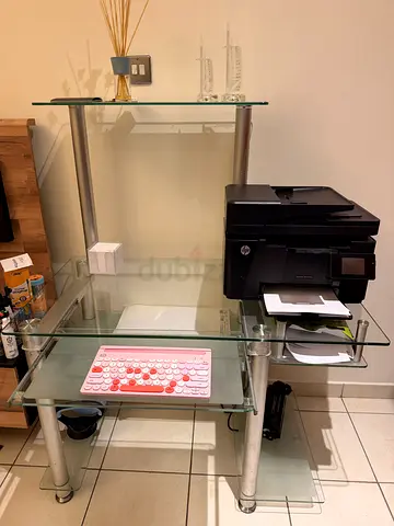 Glass Computer Desk with Shelves and Printer Stand - Good Condition