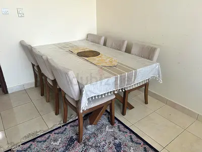 Solid Wood 6-Seater, Steel Plated Top Dining Table with Upholstered Chairs - Good Condition