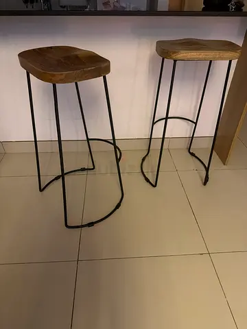 Set of 2 wooden top metal frame bar stools - good condition