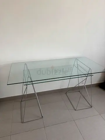 Glass Top Office Table with Metal Geometric Legs + free chair