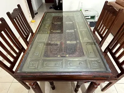 Original Sheesham wood dining set, glass protective top. Extremely well maintained.