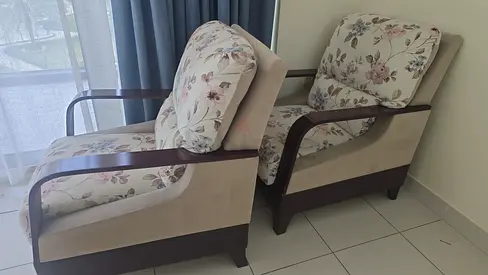 Pair of Floral Upholstered Armchairs with Wooden Arms - Good Condition