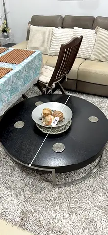 Round Black Coffee Table with Metal Accents - Good Condition