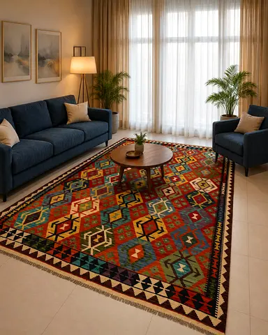 Large Kilim Style Rug 310x210cm - Colorful Geometric Carpet